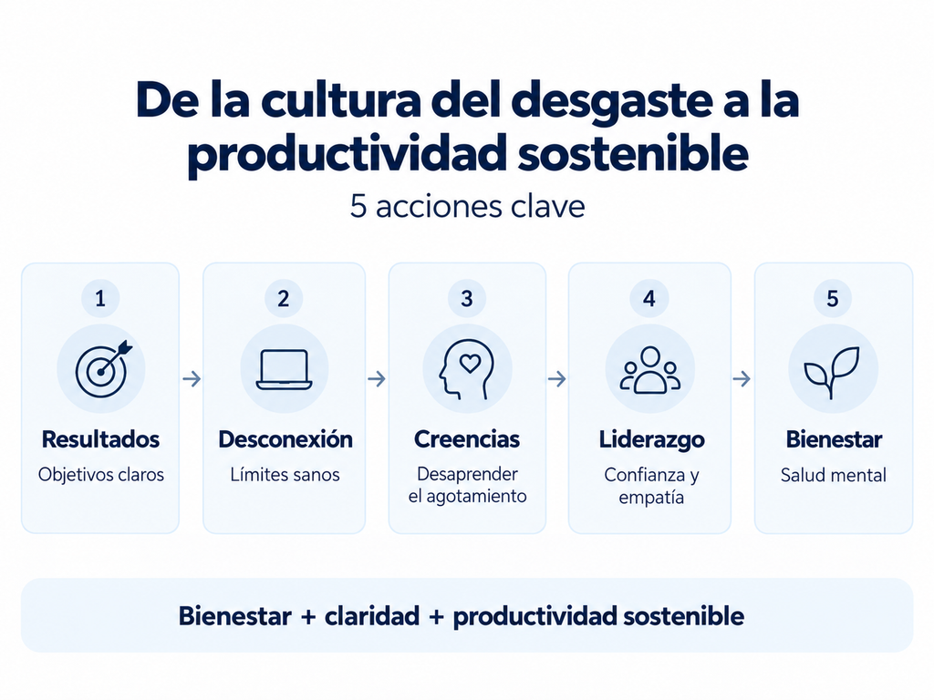 Infografía con cinco acciones para mejorar bienestar, liderazgo y productividad sostenible en las organizaciones.