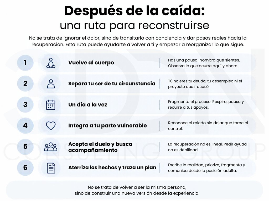 Infografía con seis pasos para comenzar a reconstruirse después de una caída profesional o empresarial.