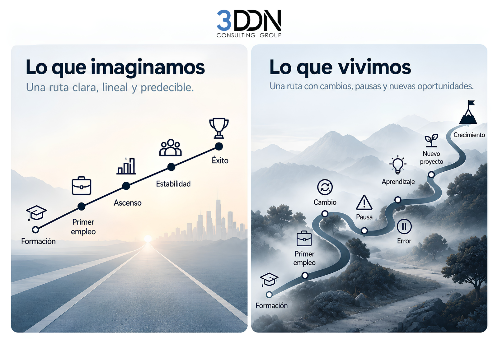 Comparación entre una expectativa profesional lineal y una trayectoria laboral real con cambios, pausas y aprendizaje.