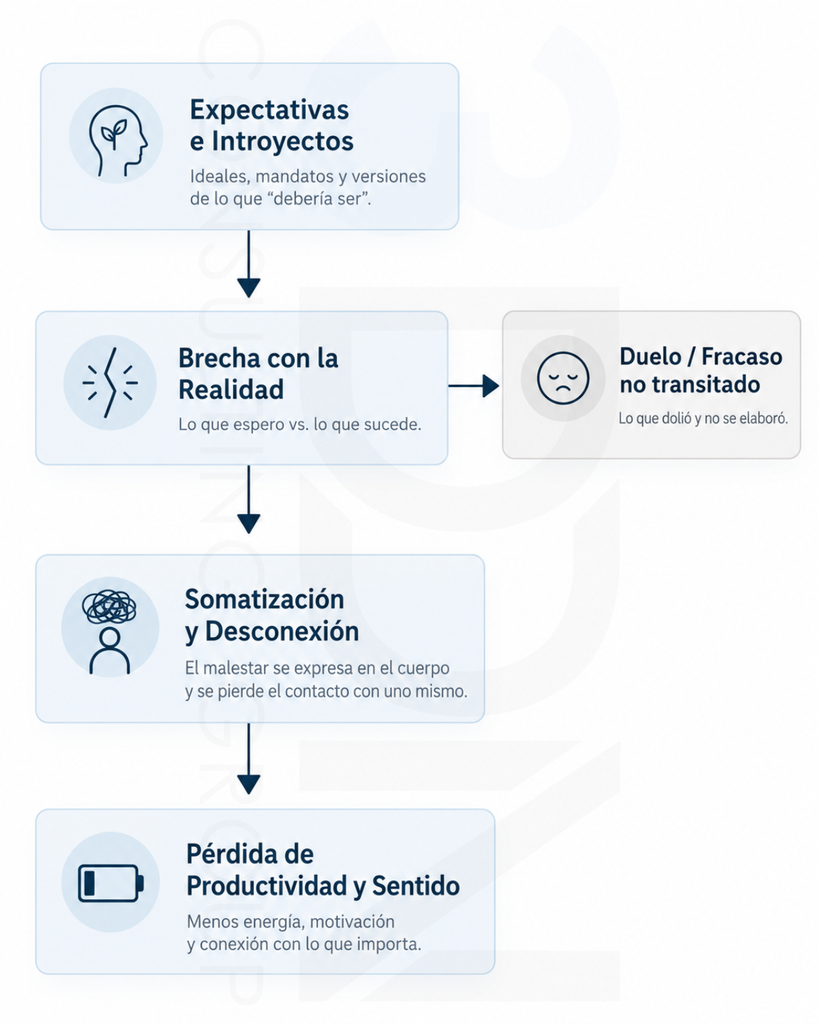 Infografía sobre cómo las expectativas y la brecha con la realidad pueden derivar en duelo, desconexión y pérdida de productividad