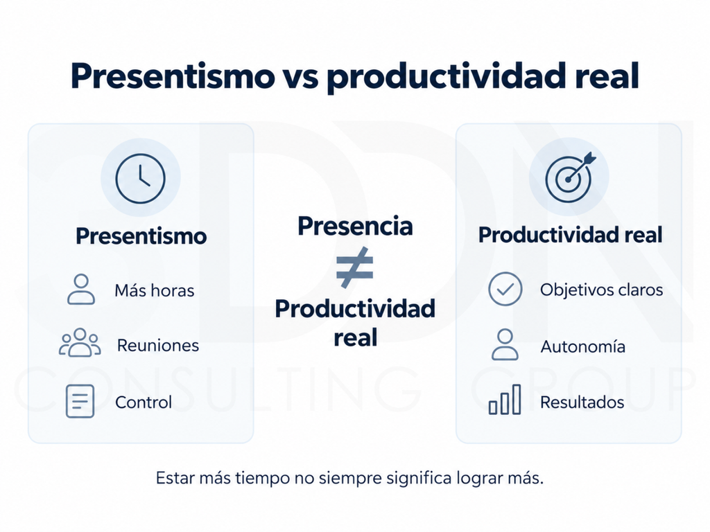 Comparativa entre presentismo laboral y productividad basada en objetivos, autonomía y resultados.