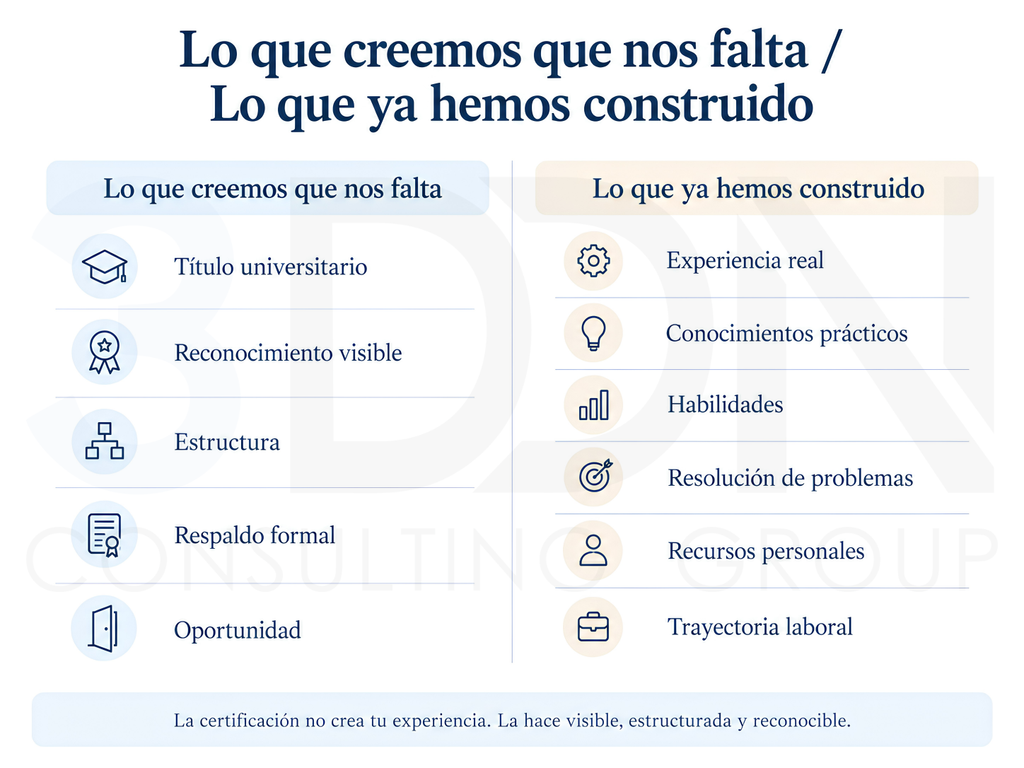 Comparativa entre lo que una persona cree que le falta y lo que ya ha construido a través de su experiencia laboral.