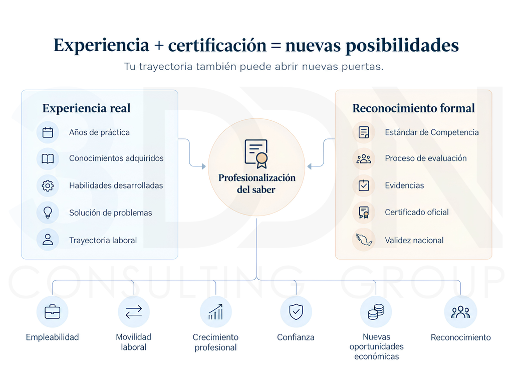 Modelo visual que muestra cómo la experiencia y la certificación convergen para generar nuevas oportunidades laborales.