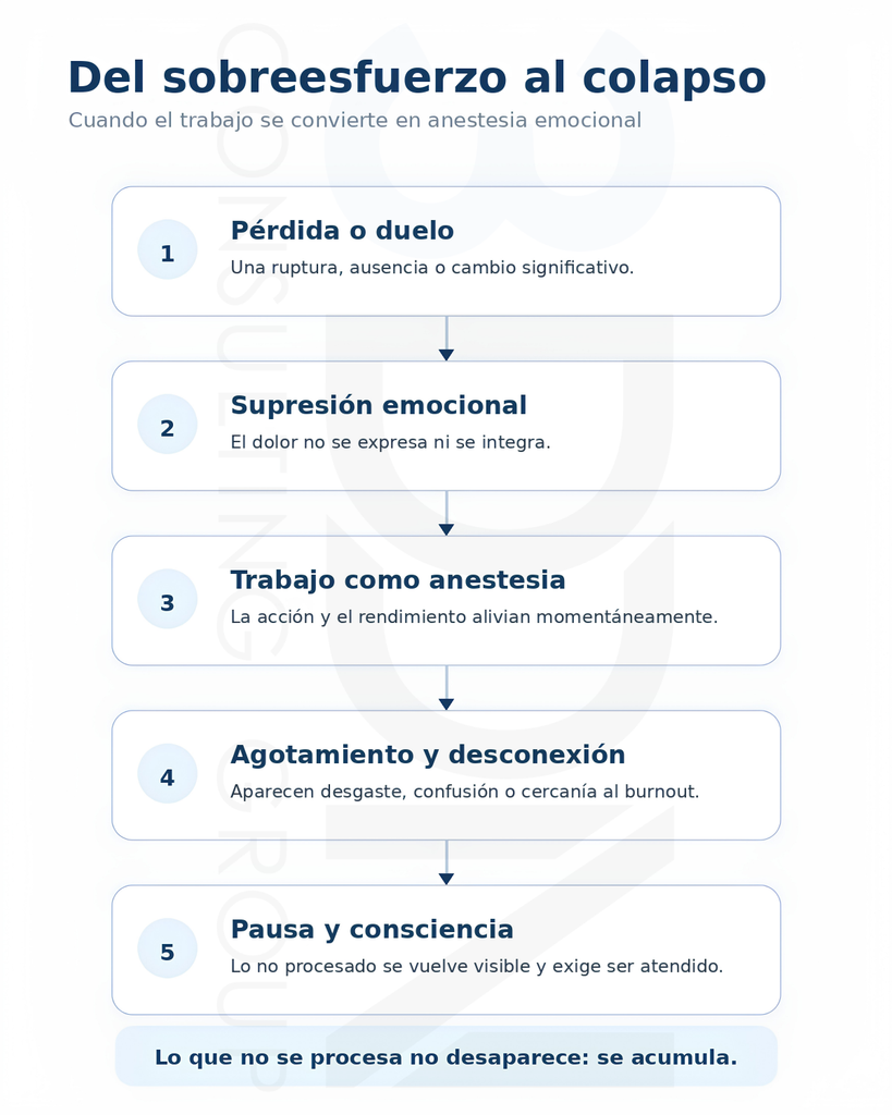 Infografía que muestra cómo una pérdida no procesada puede derivar en sobreesfuerzo, agotamiento y toma de consciencia.
