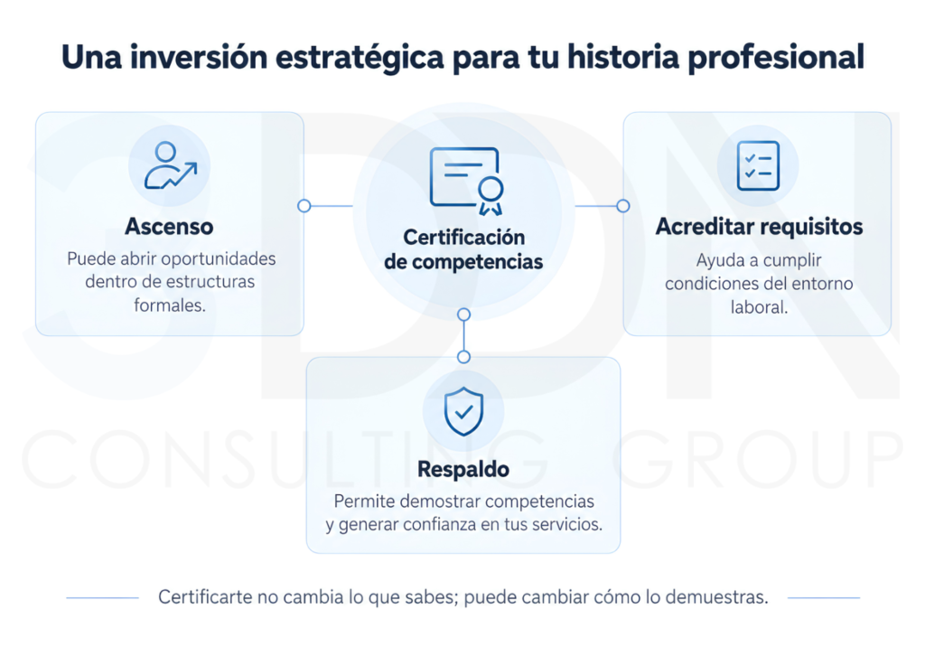 Beneficios potenciales de certificar competencias laborales para acreditar experiencia, aspirar a ascensos y respaldar servicios profesionales.